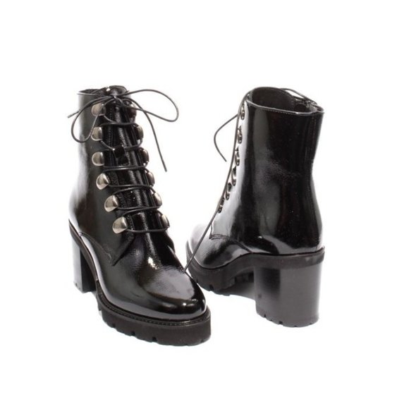 Italian Black Patent Leather Lace-Up Zip-Up Ankle Heel Boots - Picture 2 of 8